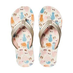 EUC Reef Little Ahi Girls Flip Flops (Sz 4) Cool Cat Print 🐱